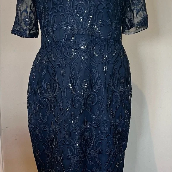 JJs House Dark Navy 1/2 Sleeve Lace Sequin Cocktail Dress Size 12